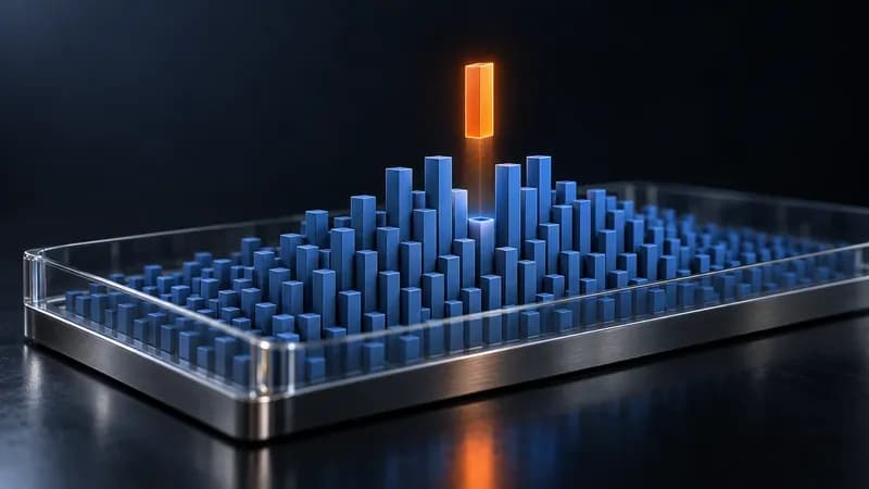 A single glowing orange bar floating above an empty slot in a dense field of short blue bars on a dark glass tray, the missing distribution still visible around it and none of it labelled