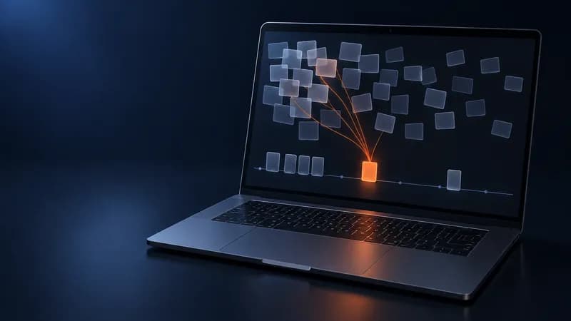 Space-grey laptop on a deep navy desk running a dark workspace, a scatter of blank frosted-glass account tiles above a horizontal calendar rail whose blank milestone posts bunch tightly on the left and one post near the middle is lit orange, the cohort visibly funnelling into a single date and the screen carrying no text at all