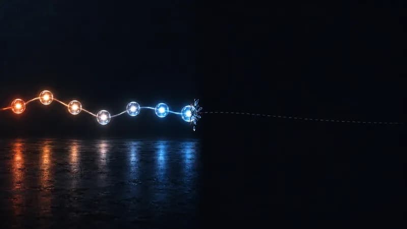 A chain of glowing nodes running left to right over dark ground, ending where a pale dashed line continues into empty darkness