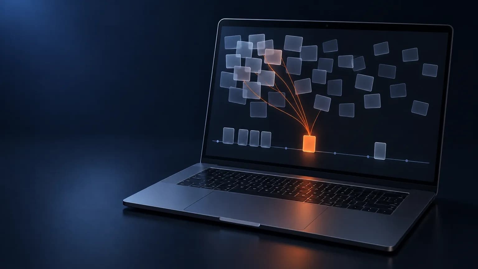 Space-grey laptop on a deep navy desk running a dark workspace, a scatter of blank frosted-glass account tiles above a horizontal calendar rail whose blank milestone posts bunch tightly on the left and one post near the middle is lit orange, the cohort visibly funnelling into a single date and the screen carrying no text at all